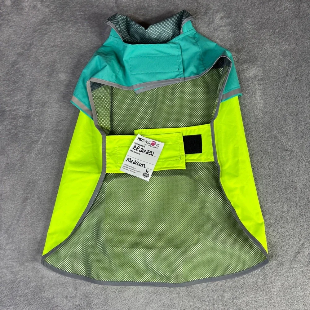 Bass Pro Shops Dog Raincoat Medium Neon Yellow Teal Reflective Mesh Lined Pocket
